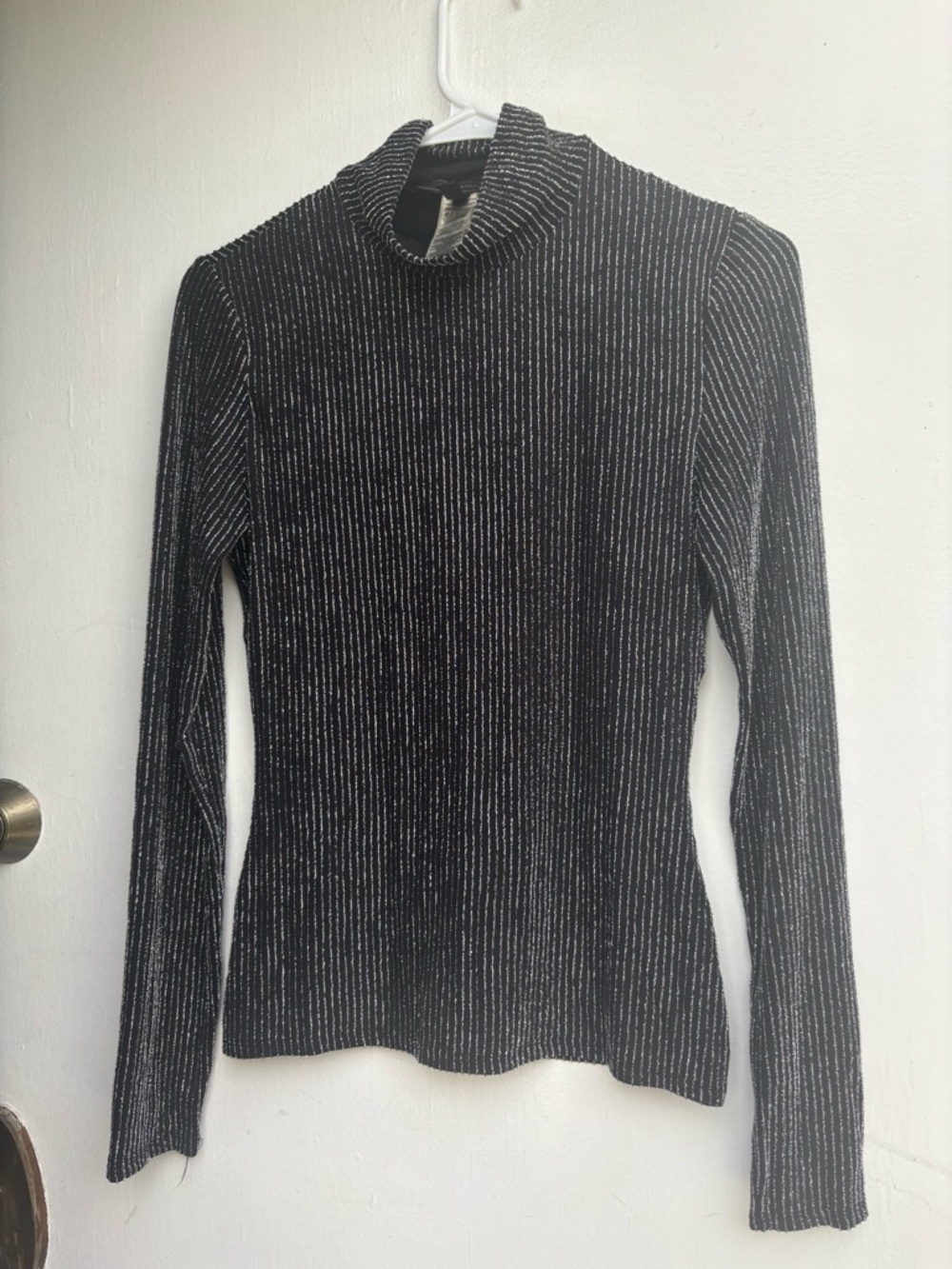 BCBGMaxAzria Black Metallic Ribbed Turtleneck Top